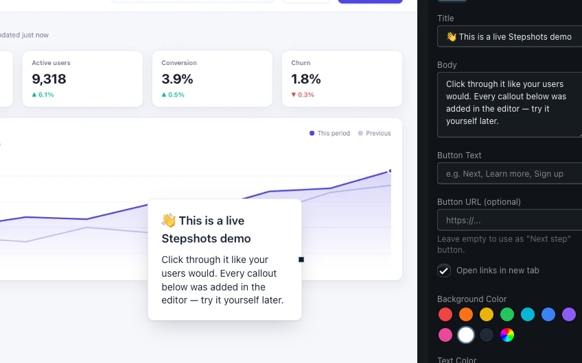 The Stepshots visual editor with a callout selected on a recorded step