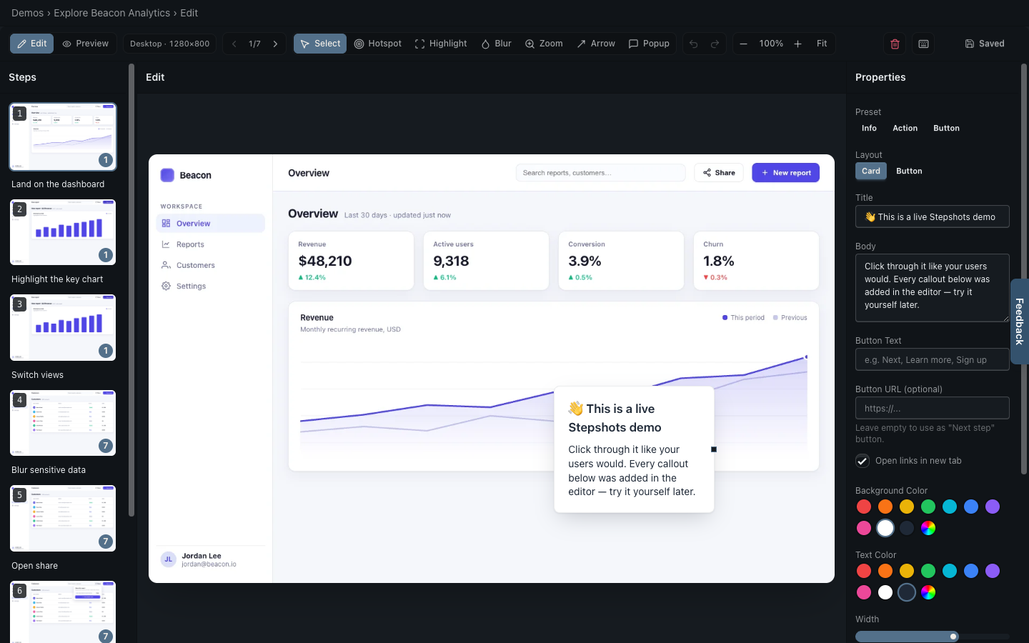 The Stepshots visual editor with a callout selected on a recorded step