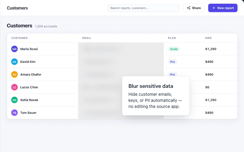 A recorded walkthrough with customer emails blurred and an explanatory callout