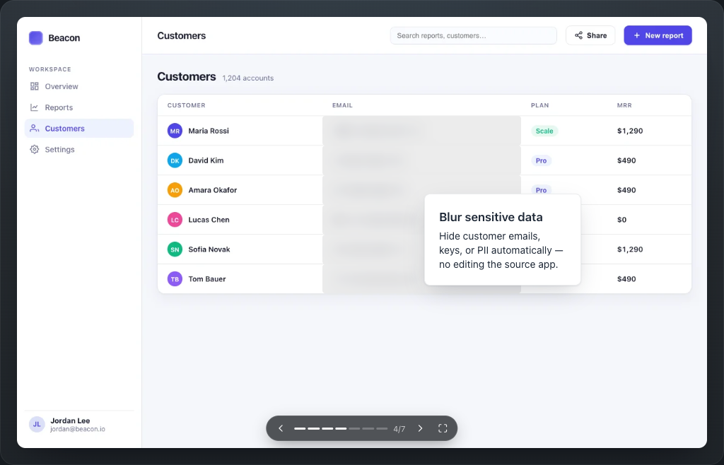 A recorded walkthrough with customer emails blurred and an explanatory callout